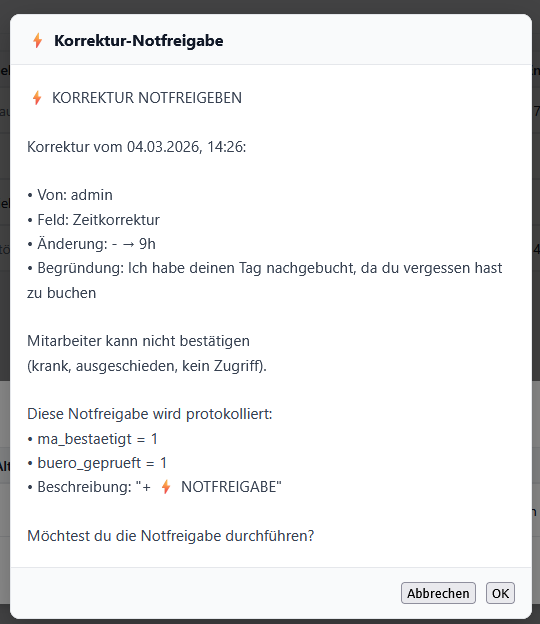 Notfreigabe-Dialog