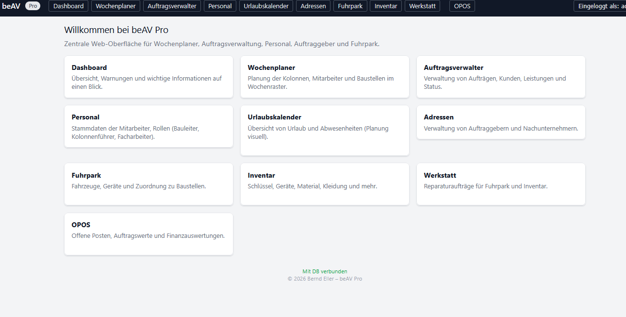 beAV Pro Dashboard - Übersicht der Betriebsverwaltung
